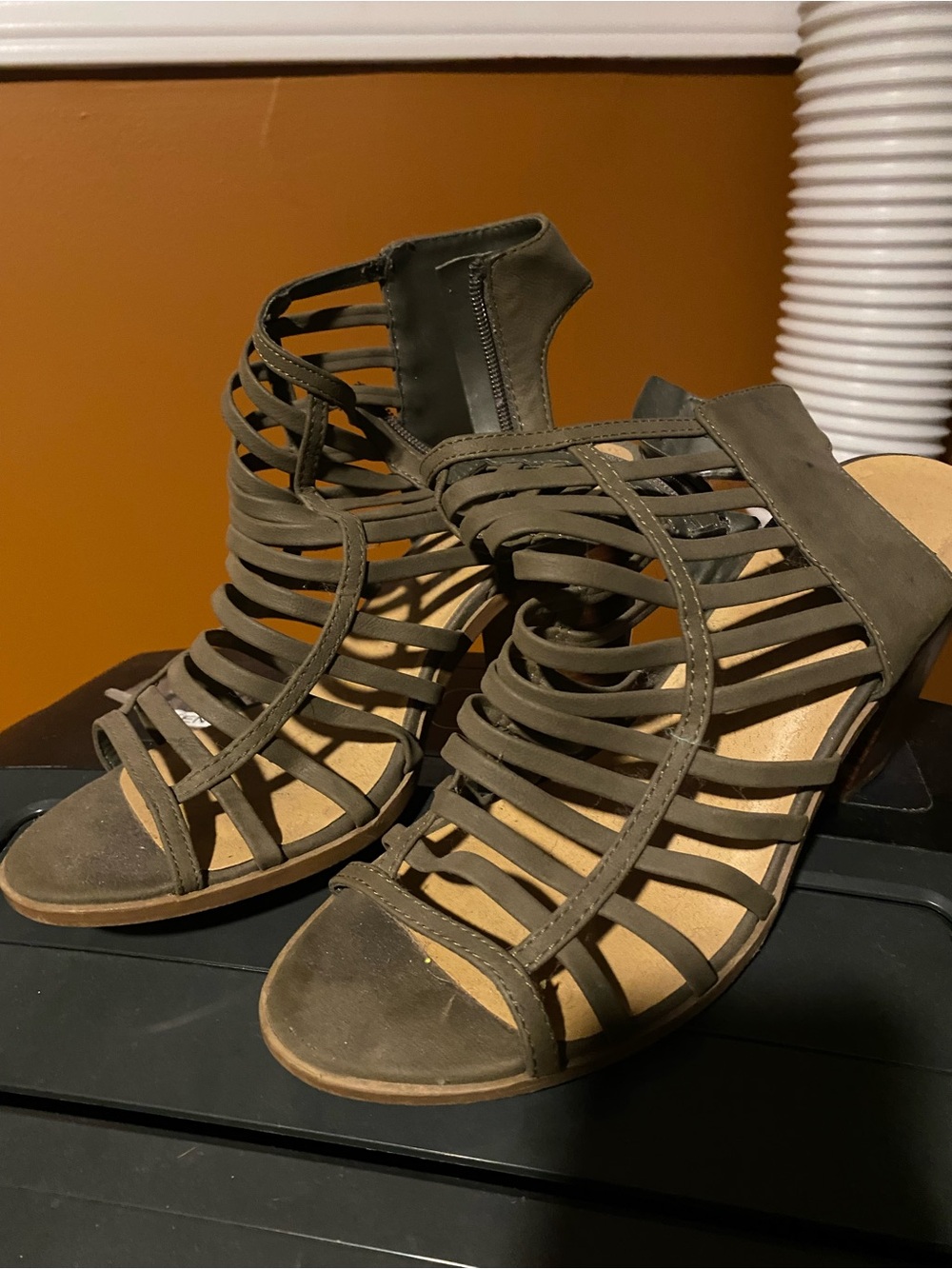 Revamped Olive Strappy Heeled Gladiator Boots